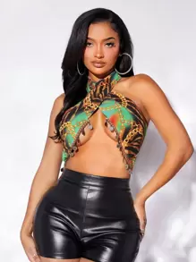 SHEIN SXY Áo khoác và áo lót dành cho xe tăng nữ Lộ Lưng Buộc lại Dải chun Hội Chữ thập mép Họa tiết Chain Baroque Gợi cảm - Nhiều màu - Xem 1