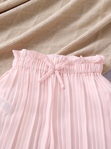 SHEIN 小女童紙袋腰前打結褶皺闊腿褲 - 淺粉色 - 查看 4