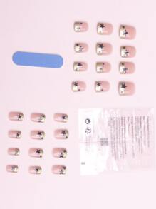 Upgrade Your Look with 24pcs Short Square Silver French Star Print Fake Nail & 1pc Nail File & 1sheet Tape - Multicolor - View 2