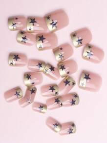 Upgrade Your Look with 24pcs Short Square Silver French Star Print Fake Nail & 1pc Nail File & 1sheet Tape - Multicolor - View 5