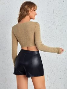 SHEIN SXY 3D花朵裝飾前鏤空短款上衣 - 駝色 - 查看 2