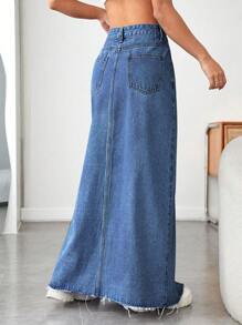 高腰毛邊牛仔半身裙 - 中等水洗藍 - 查看 2