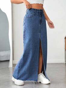 高腰毛邊牛仔半身裙 - 中等水洗藍 - 查看 4