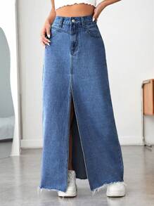 高腰毛邊牛仔半身裙 - 中等水洗藍 - 查看 5