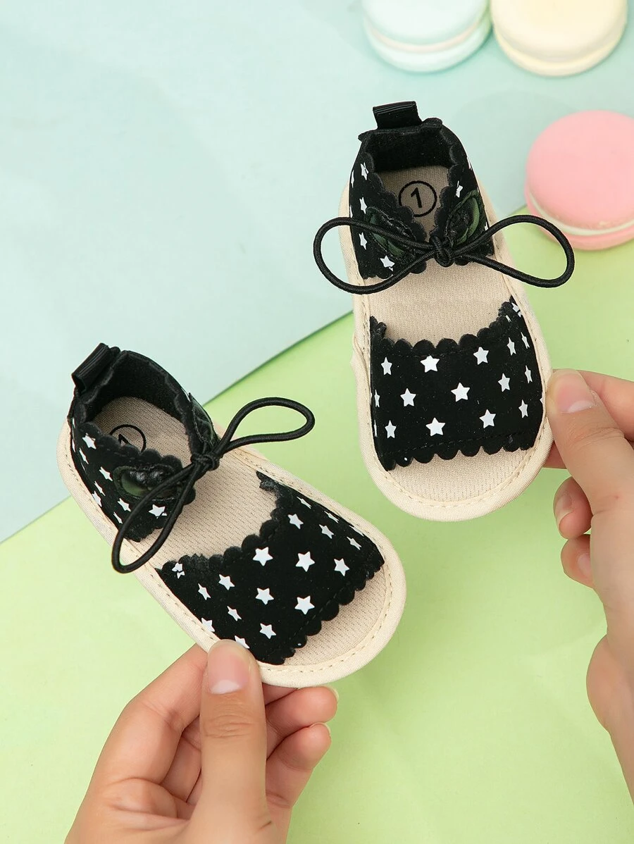 Baby Star Pattern Strap Sandals, Fabric Lace-up Front Sandals Black - Black - View 1