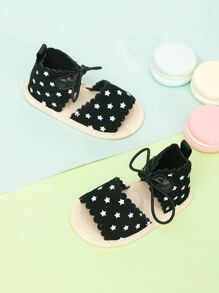 Baby Star Pattern Strap Sandals, Fabric Lace-up Front Sandals Black - Black - View 2