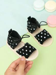 Baby Star Pattern Strap Sandals, Fabric Lace-up Front Sandals Black - Black - View 6