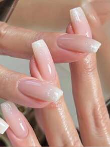 Get Glamorous with 24pcs Long Square Gradient French Glitter Fake Nail & 1pc Nail File & 1sheet Tape - Multicolor - View 1