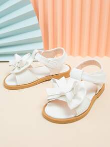 女孩蝴蝶結裝飾帶平底人造皮革踝帶時尚涼鞋 - 白色 - 查看 3