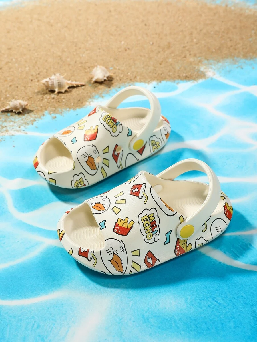 Boys Cartoon Duck Graphic Vented Clogs, EVA Slingback Fashion Clogs - White - View 1