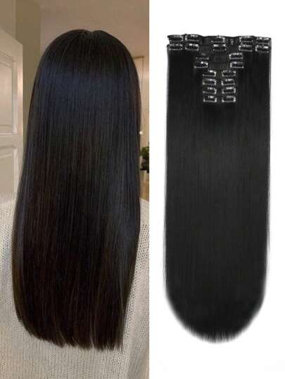 Set de 12 extensiones de cabello sintético rectas y largas de 22 pulgadas, alta temperatura, para mujeres, color #1B