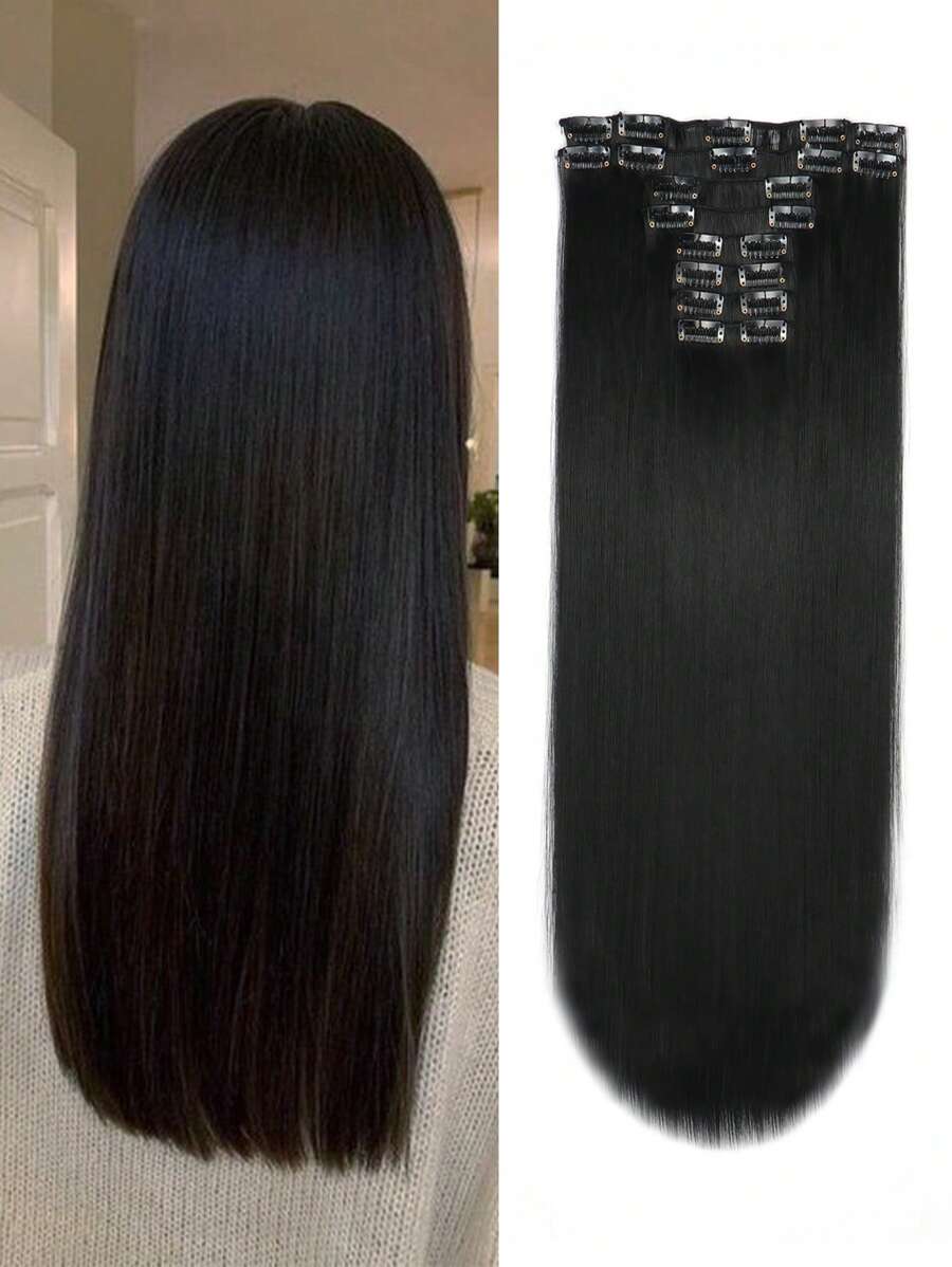 12pcs/Set Long Straight Hair Extension High Tempreture 22inch Synthetic Hairpiece Clip In Synthetic Hair Extensions For Women #1B