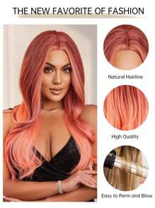 HAIRCUBE Nữ Tóc Giả 28 Inch Ombre Hồng Dài Xoăn Lượn Sóng Tóc Giả Chia Tay Giữa Tóc Tổng Hợp - Ombre - Xem 8