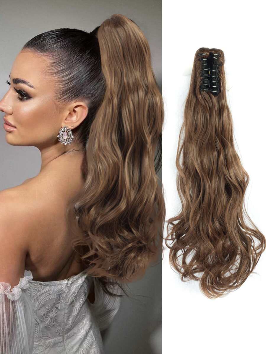 Ponytail Extensions Claw Clip Drawstring False Pigtail 22"Synthetic Curly Wavy False Tail Hairpiece Pony Attached - Brown - View 1