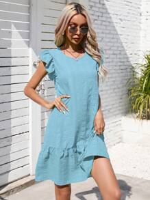 SHEIN VCAY Krås Enkel Söt Klänning - Blå - Visa 3