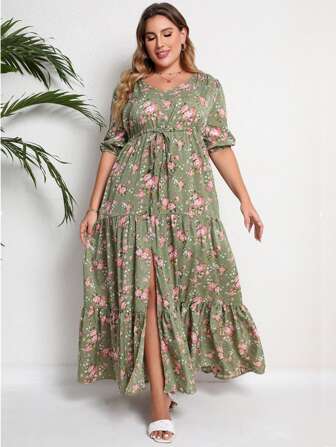 Plus Allover Floral Print Ruffle Hem Dress