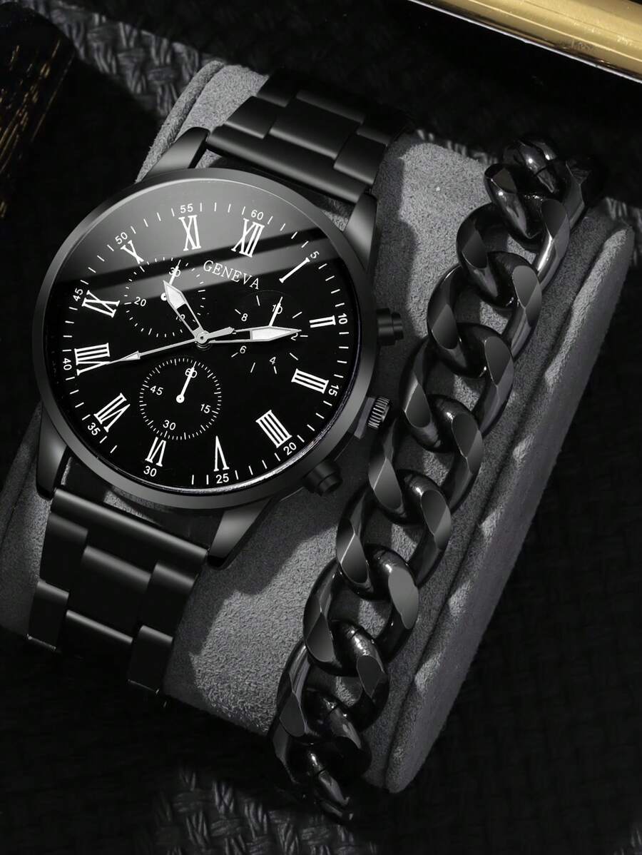 2 chiếc Đồng hồ thạch anh nam dây thép giả màu đen dành cho doanh nhân thời trang dành cho nam giới có dây đeo hợp thời trang làm quà tặng cho học sinh đi học trở lại - màu đen - Xem 1