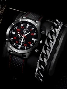 1入組黑色PU聚氨酯帶休閒圓形錶盤石英表,和1入組手環,適用於日常生活