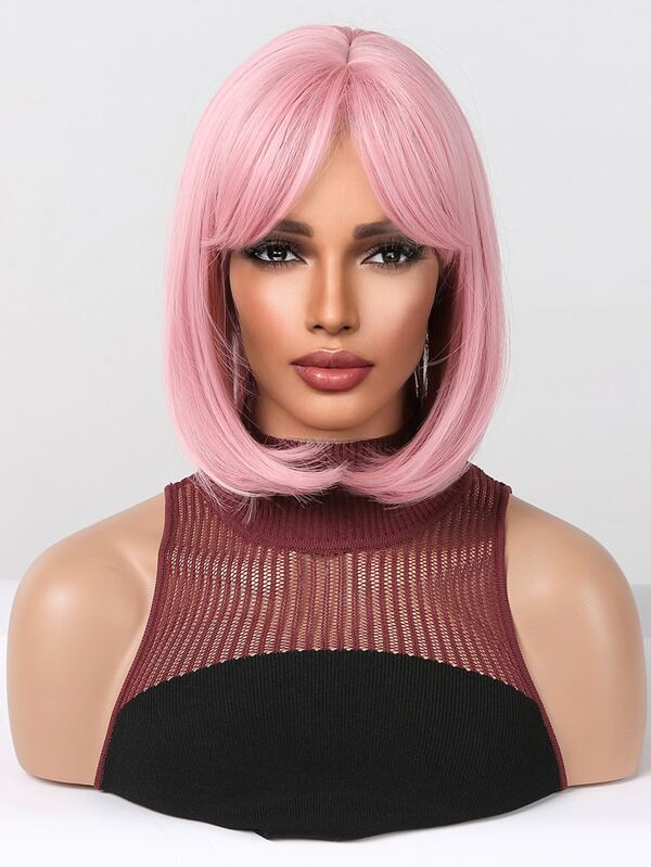 Short Straight Pink Wig With Bangs 14 inch Synthetic Wigs for Women