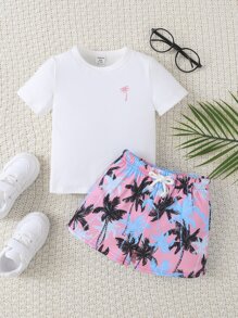 SHEIN 男嬰椰子樹圖案T恤和短褲 - 白色 - 查看 1