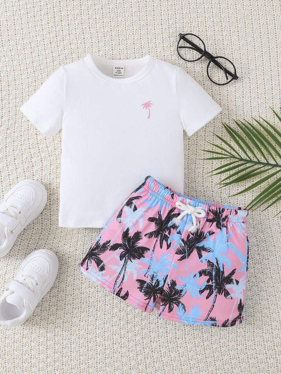 SHEIN 男嬰椰子樹圖案T恤和短褲 - 白色 - 查看 1