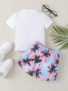 SHEIN 男嬰椰子樹圖案T恤和短褲 - 白色 - 查看 2