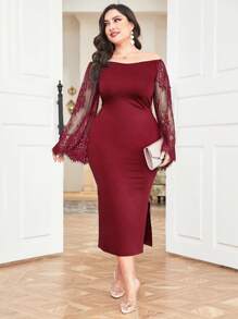 Modelyn 大碼一字肩蕾絲拼接荷葉袖高衩連衣裙 - 酒紅色 - 查看 1
