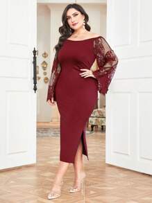 Modelyn 大碼一字肩蕾絲拼接荷葉袖高衩連衣裙 - 酒紅色 - 查看 3