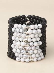1入組12星座裝飾石串珠手鍊 - 黑與白 - 查看 2