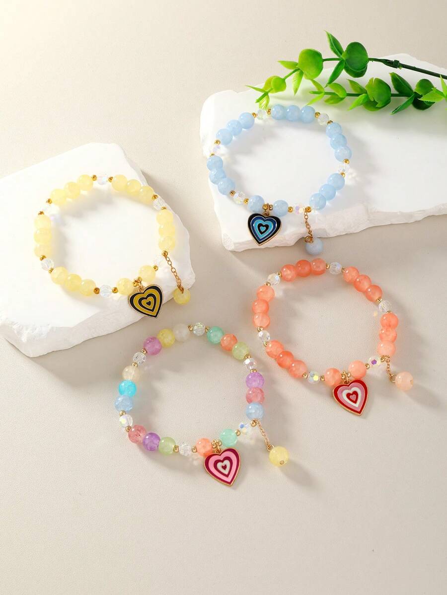 4 cái/bộ Vòng Tay Đính Hạt Charm Trái Tim - Nhiều màu - Xem 1