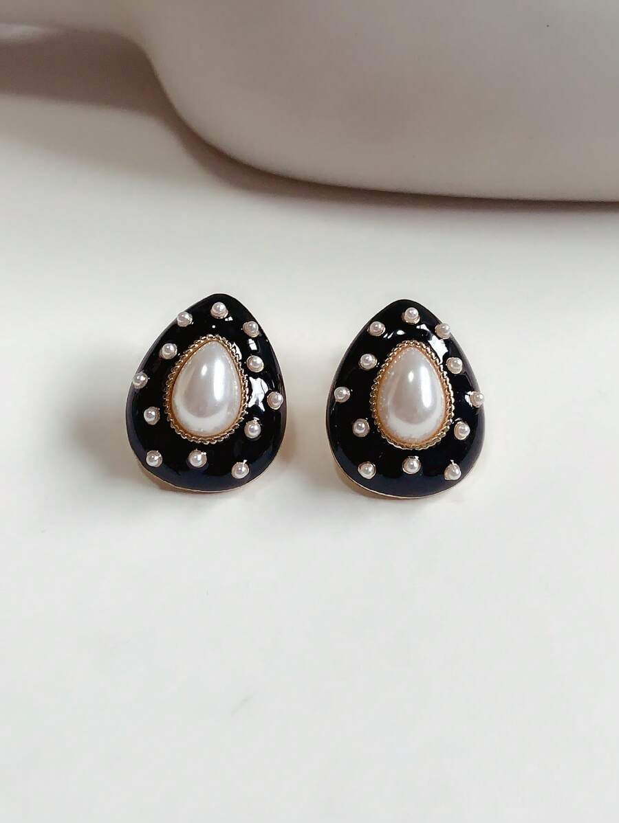 仿珍珠裝飾水滴耳環 - 彩色 - 查看 1