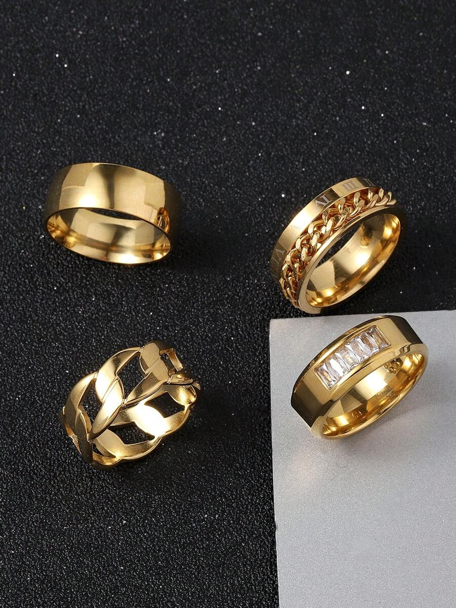 4入組男士方晶鋯石裝飾戒指,不銹鋼首飾類 - 金色 - 查看 1