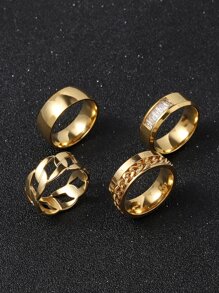 4入組男士方晶鋯石裝飾戒指,不銹鋼首飾類 - 金色 - 查看 2