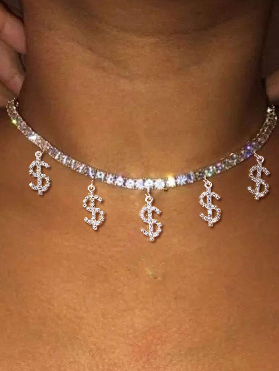 1 pieza Colgante con signo de dólar personalizado de color plateado con diamantes de imitación, collar de lujo con diamantes de imitación de marca de moda hip hop - Plateado - Ver 1