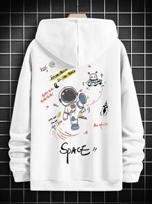 Manfinity Hypemode Loose Fit Men's Astronaut & Letter Graphic Hooded Sweatshirt With Drawstring - White - View 1