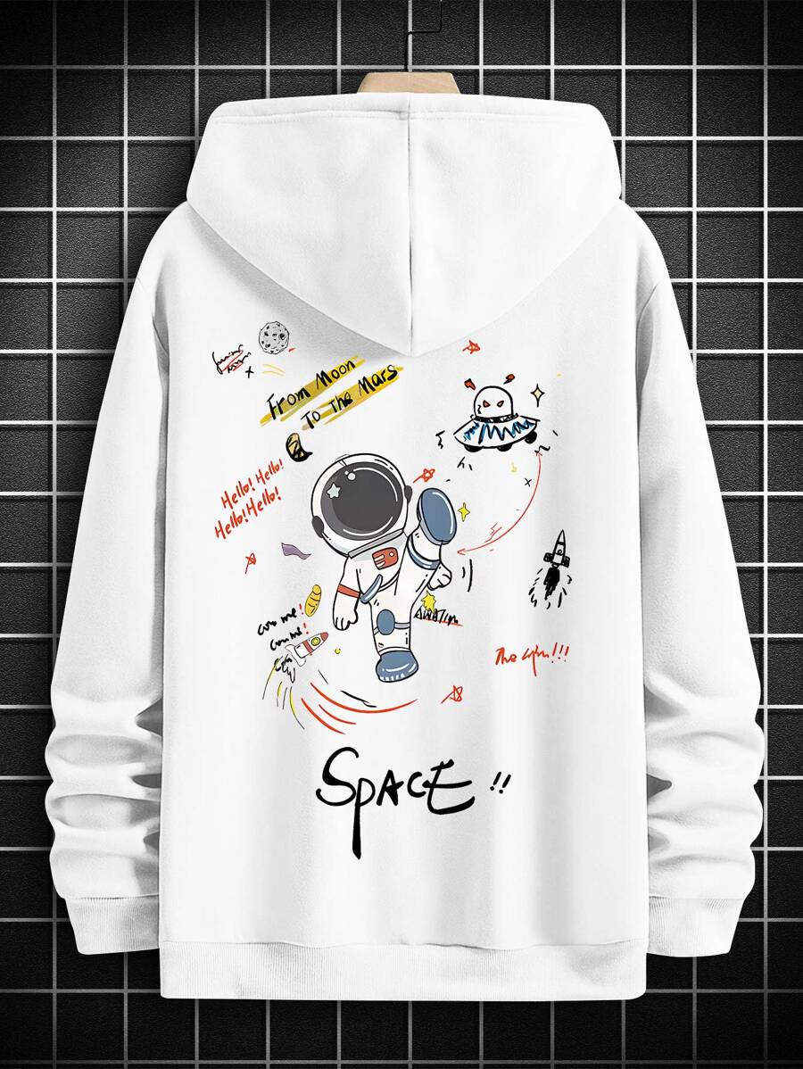 Manfinity Hypemode Loose Fit Men's Astronaut & Letter Graphic Hooded Sweatshirt With Drawstring - White - View 1