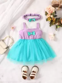 Baby Bow Front Mesh Overlay Cami Dress With Headband - Multicolor - View 1