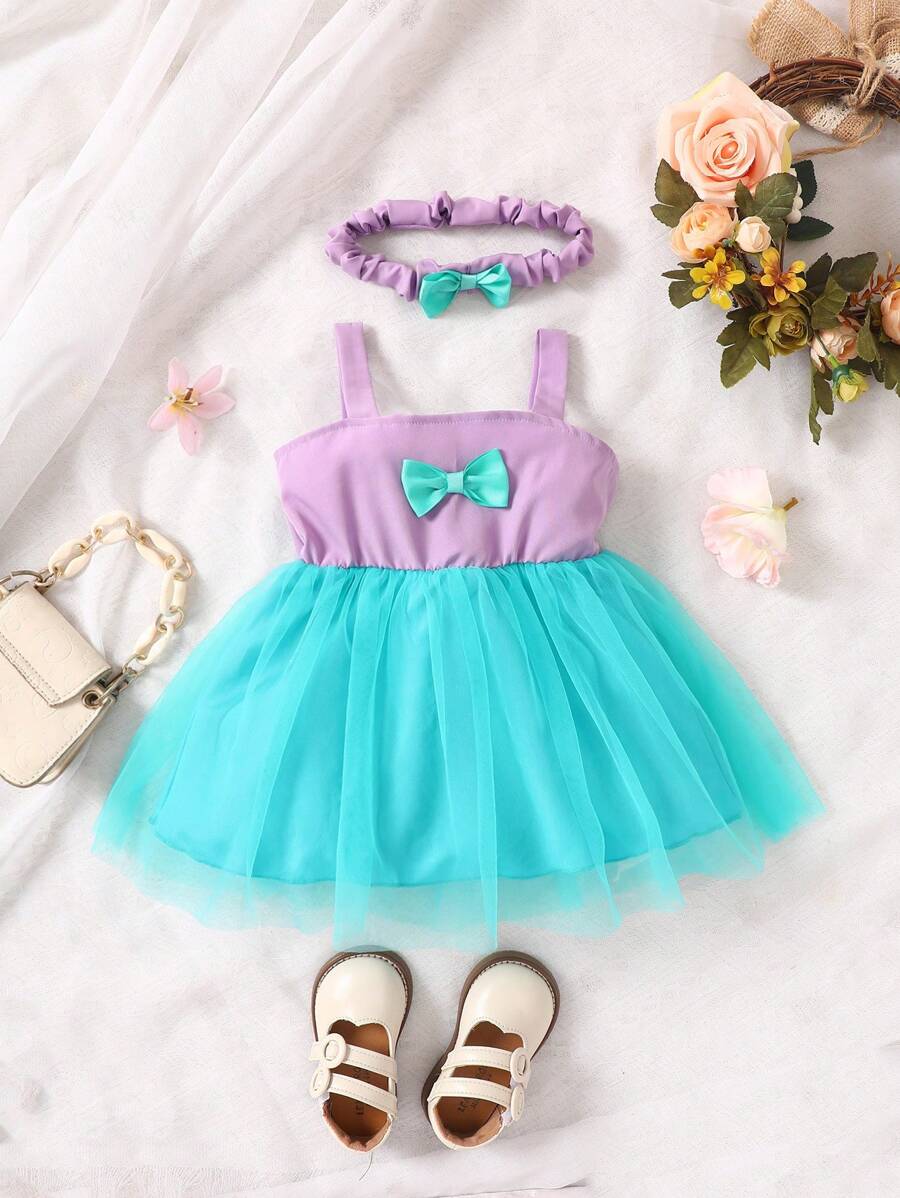 Baby Bow Front Mesh Overlay Cami Dress With Headband - Multicolor - View 1