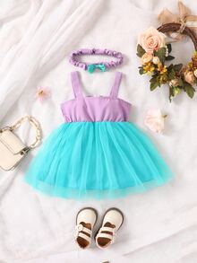 Baby Bow Front Mesh Overlay Cami Dress With Headband - Multicolor - View 2