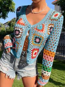 Breezaya Floral Pattern Hollow Out Button Front Cardigan - Blue - View 1