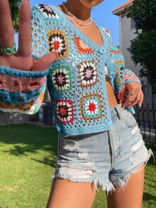 Breezaya Floral Pattern Hollow Out Button Front Cardigan - Blue - View 5