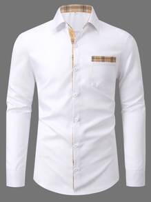 Manfinity Mode Men Casual Plaid Print Pocket Patched Long Sleeve Shirt For Boyfriend Gift, Fall - White - View 6