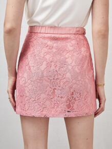 BizChic 前紐扣腰帶蕾絲包臀半身裙 - 粉色 - 查看 2