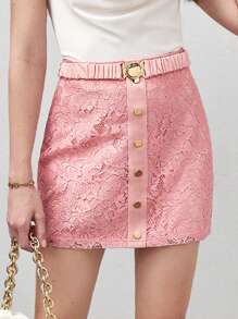 BizChic 前紐扣腰帶蕾絲包臀半身裙 - 粉色 - 查看 9