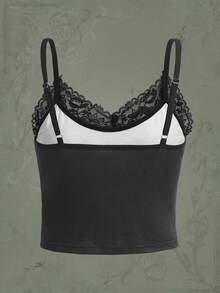 ROMWE Grunge Punk Áo khoác và áo lót dành cho xe tăng nữ Tương phản ren Lễ Các Thánh Giải trí - màu đen - Xem 2