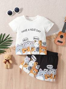 SHEIN 男嬰卡通和標語圖案T恤和短褲 - 黑與白 - 查看 1