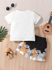 SHEIN 男嬰卡通和標語圖案T恤和短褲 - 黑與白 - 查看 2