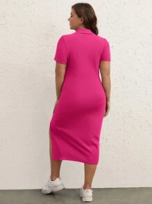 SHEIN BASICS Plus Polo Neck Split Thigh Dress - Hot Pink - View 2
