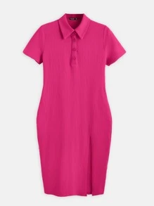 SHEIN BASICS Plus Polo Neck Split Thigh Dress - Hot Pink - View 5