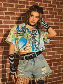 WB 100th | ROMWE Graffiti Print Button Front Shirt - Multicolor - View 1